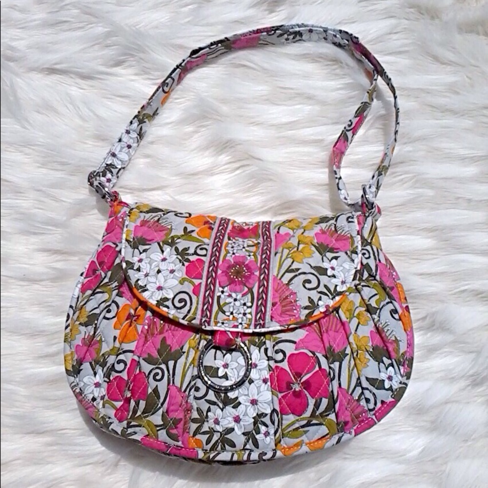 Vera Bradley Floral Cloth Fabric Pink White Green Ring Clasp Shoulder Bag Purse