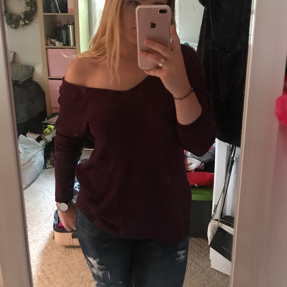 Slouchy Off the Shoulder V Neck Sweater