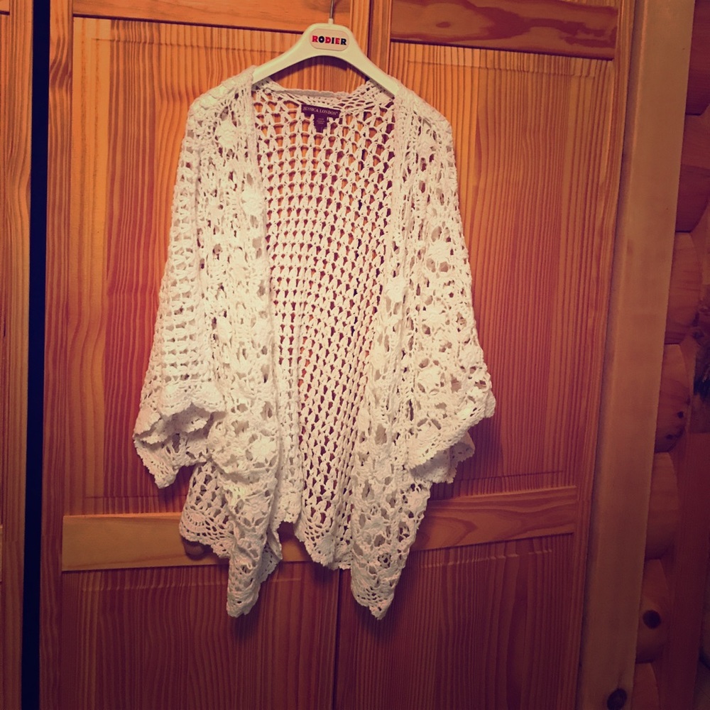 Jessica London White Crocheted Open Cardigan