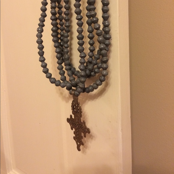 Hand made gray beaded necklace with cross - Picture 2 of 3