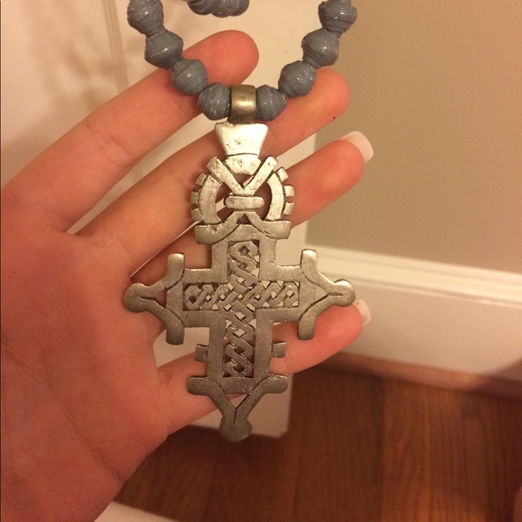 Hand made gray beaded necklace with cross - Picture 3 of 3