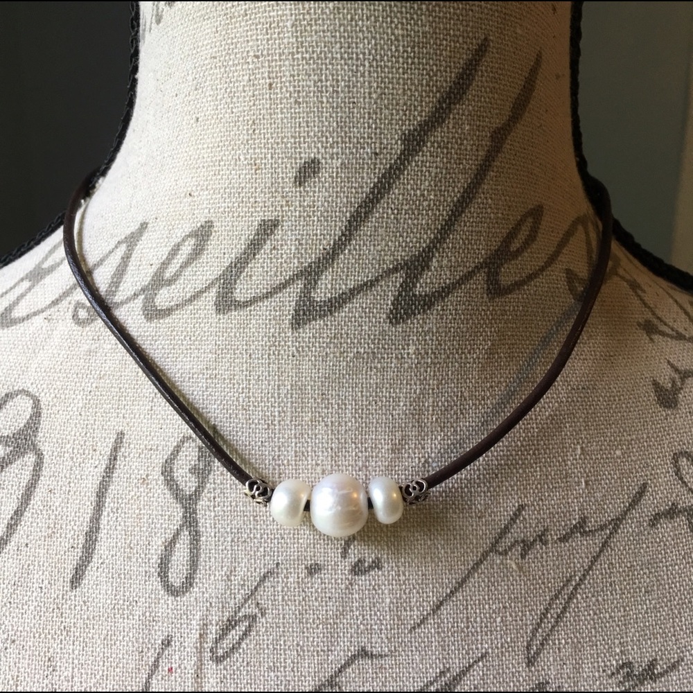Fresh water pearls on leather necklace.
