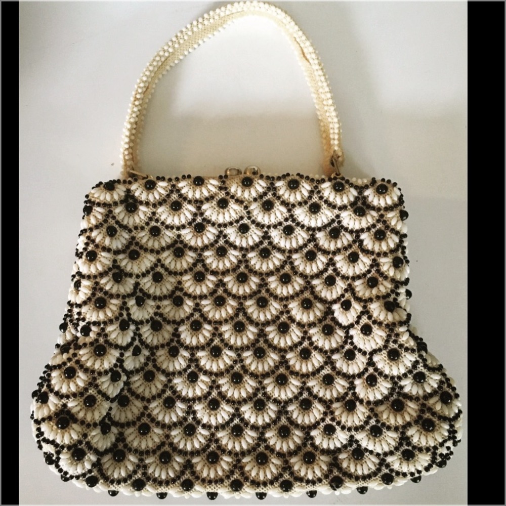 1950's Vintage Black & White Fancy Beaded Purse