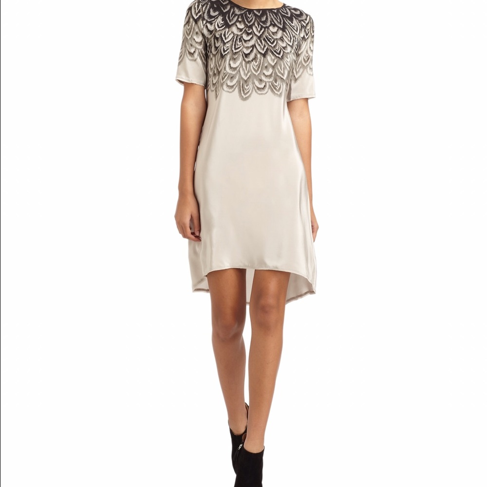 B.C.B.G. Silk tunic dress with feather print.