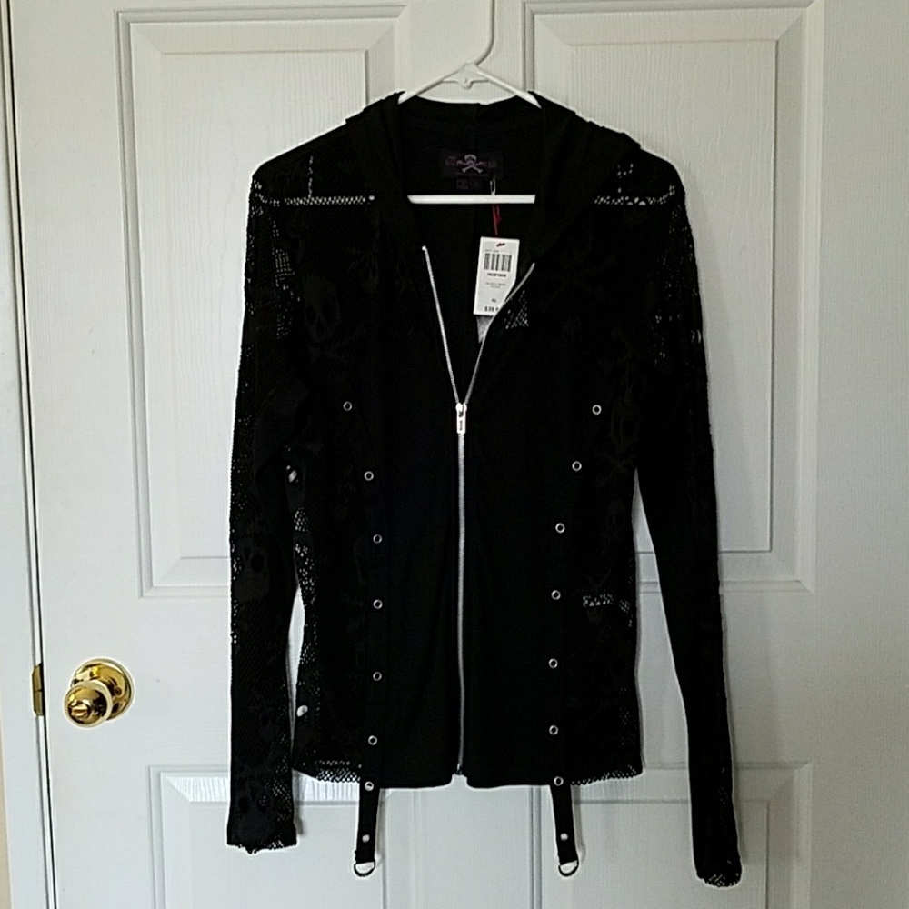 Hot Topic "Royal Bones" Skull Mesh Black Hoodie XL
