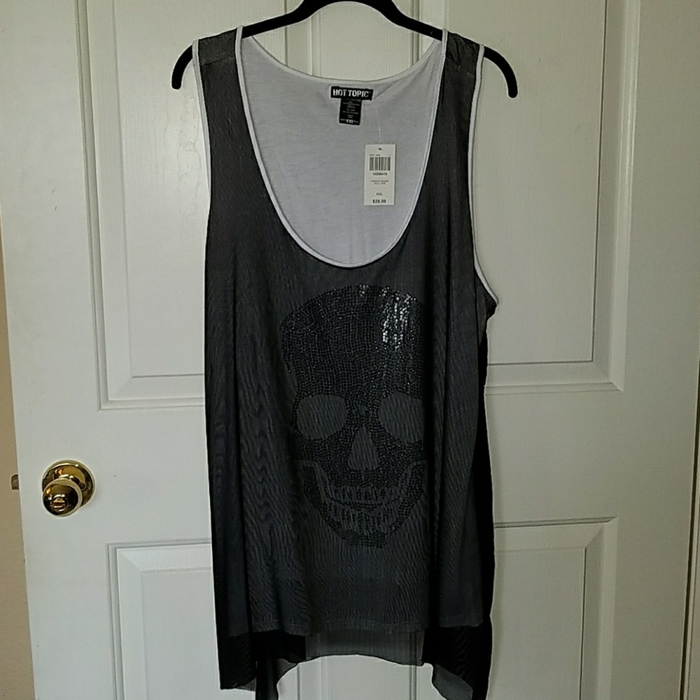 Hot Topic Black Mesh Overlay Sequin Skull Tank XXL
