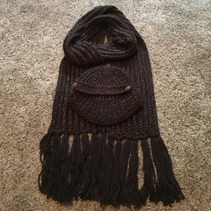 Brown with Gold Thread Hat and Scarf Set