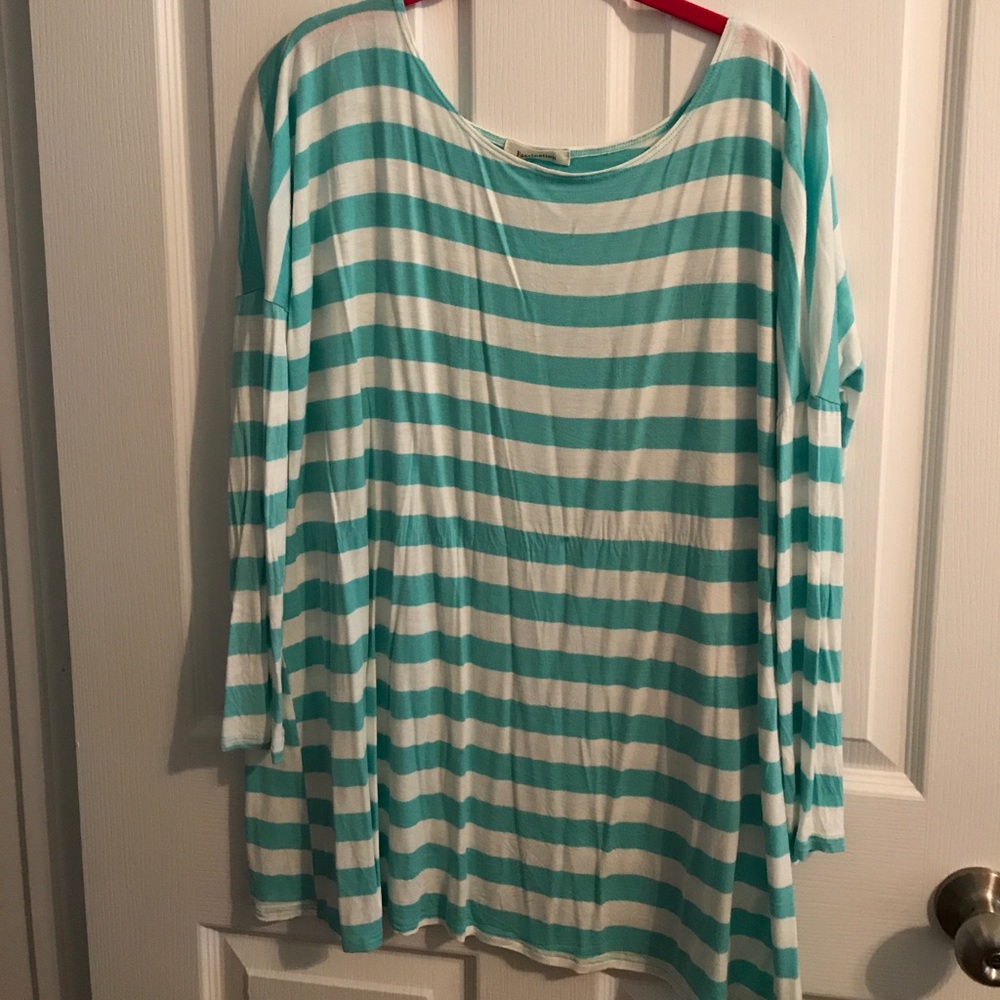 Blue & white scoop neck long sleeve blouse