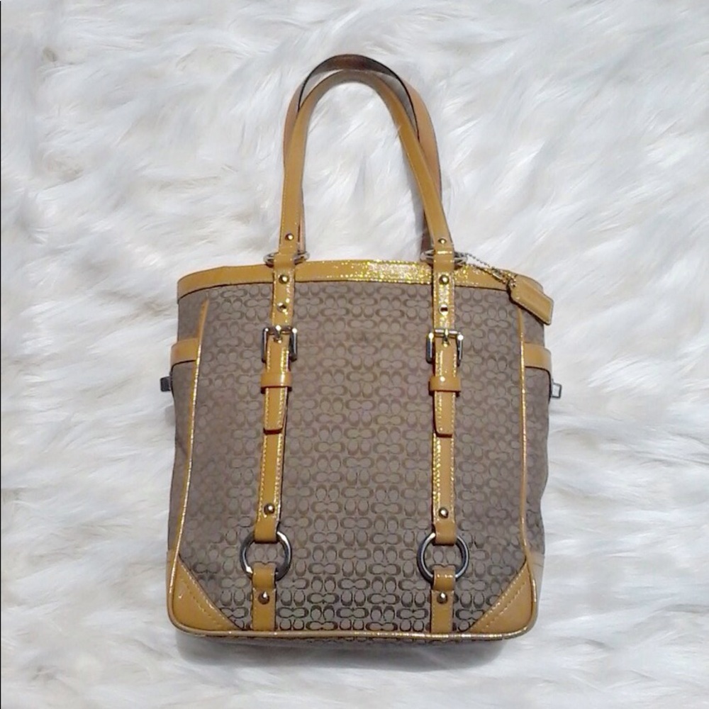 Coach Cloth Print Neutral Beige Tan Leather Nickel Double Buckle Bucket Handbag