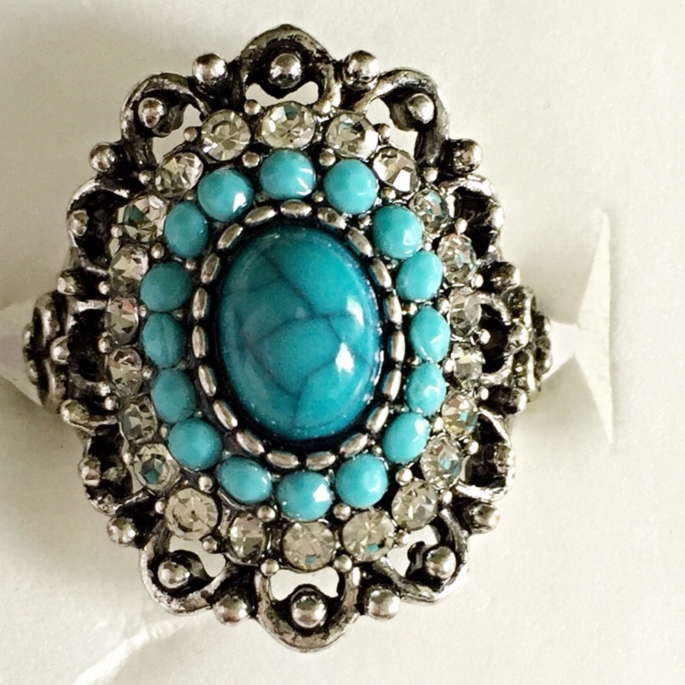 ♦️ Tribal stone fancy turquoise crystal oval ring