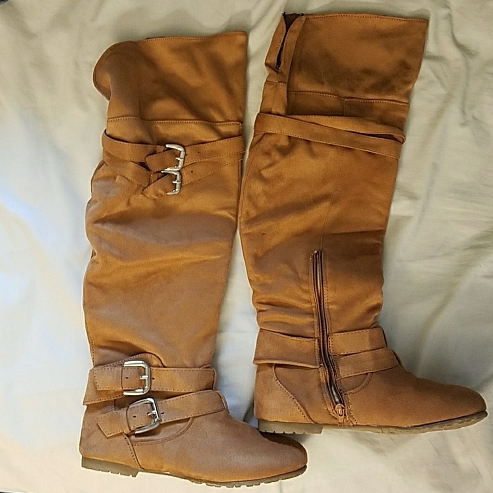 Camel knee high flat boots