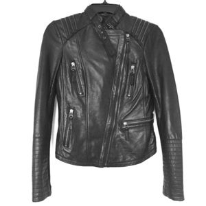 Genuine Leather Black Moto Jacket, Size XS