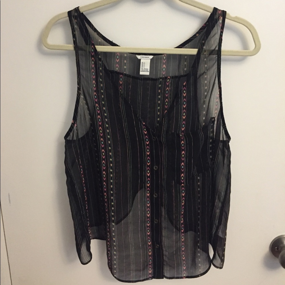 Forever21 Sheer Black + Print Open Back Tank
