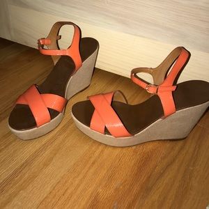 J Crew coral leather wedges