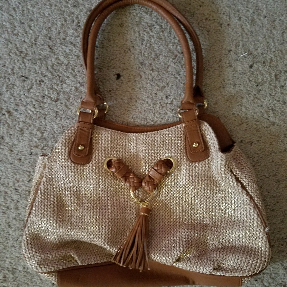 Apt.9 glitter straw bag with brown accents, 9.5x15x4. EUC.