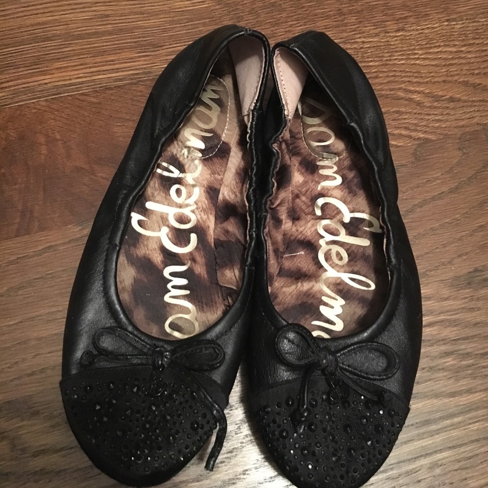 Girls black leather ballet flats with stone detail