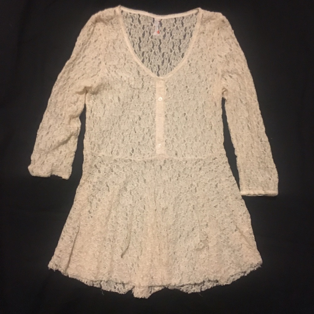 Free People Cream Floral Lace Long-Sleeved Top