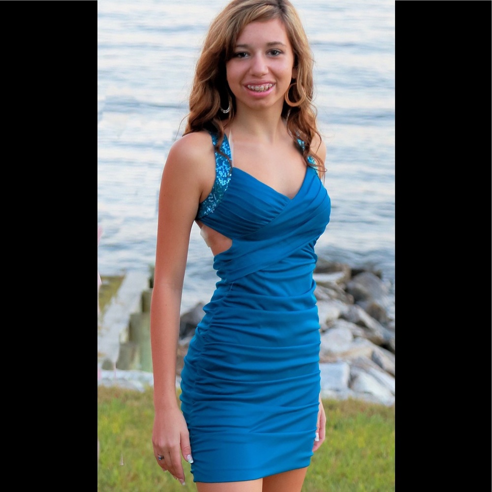 Teal ruched strappy dress