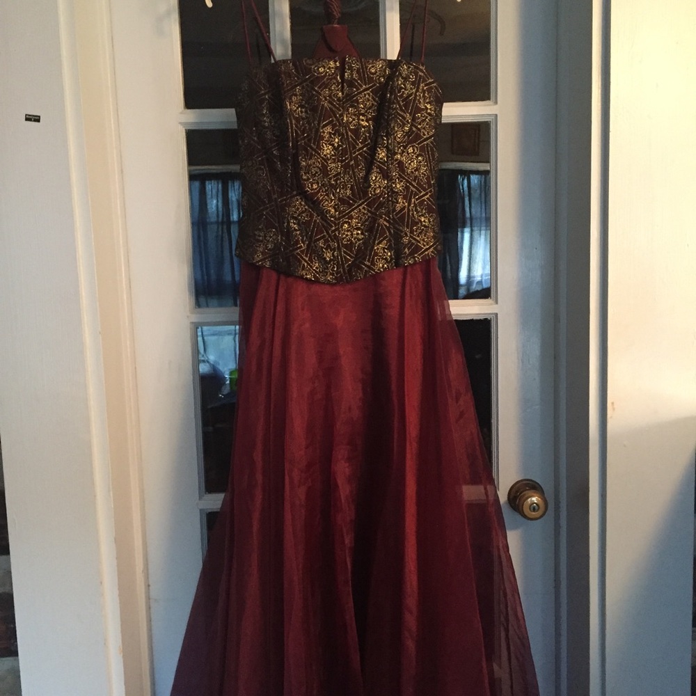 Maroon and gold Prom Dress