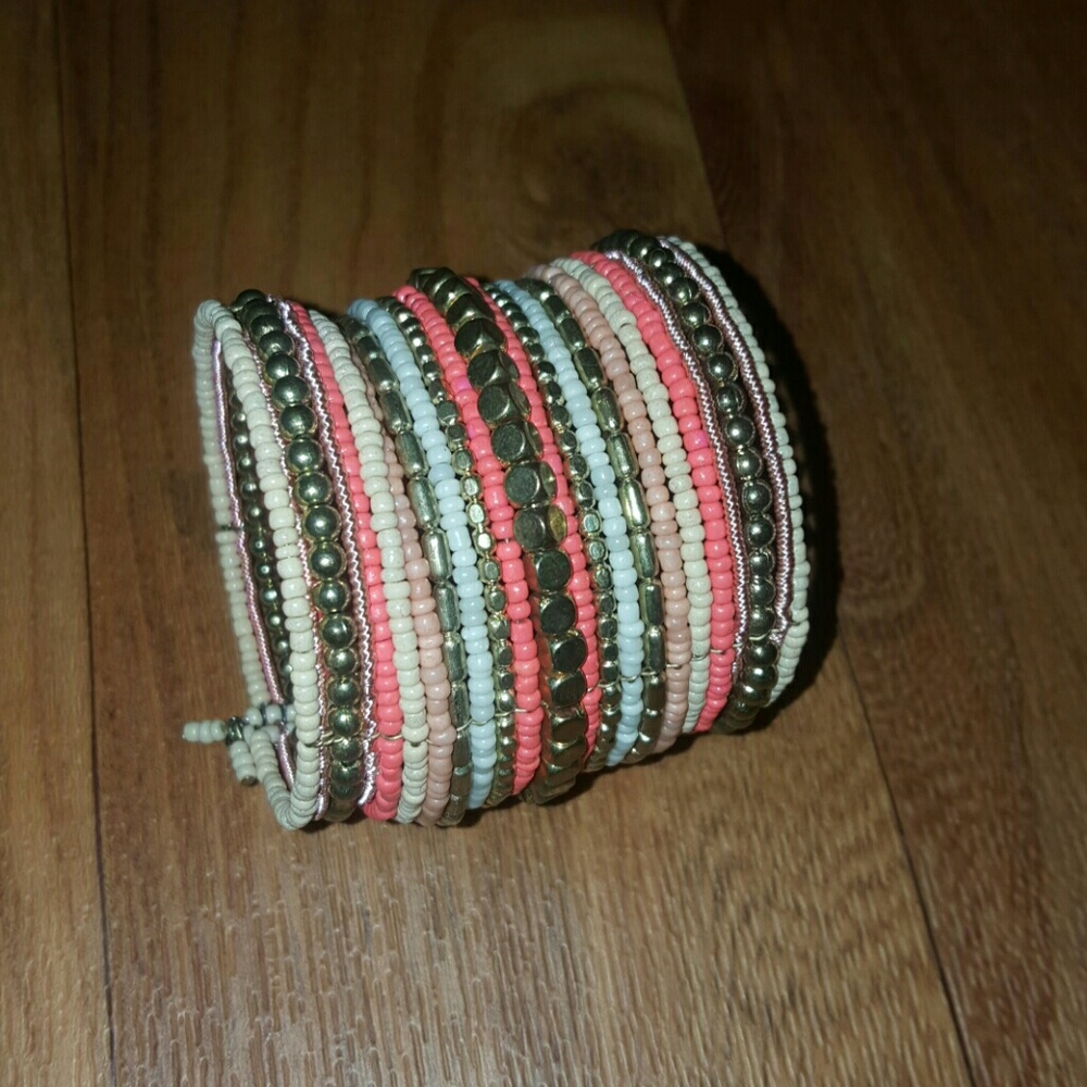 Coral, gold and white cuff bracelet