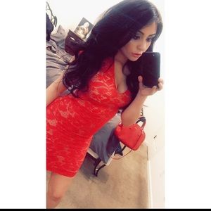 Red lace dress tan slip under and attached.