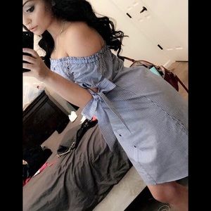 Off the shoulder navy blue and white striped dress