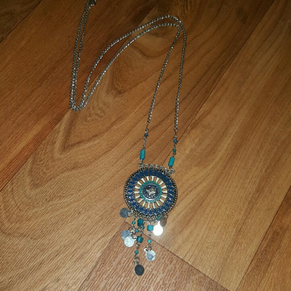 Silver and blue long necklace