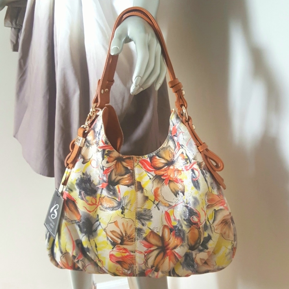 Leather Floral Satchel Handbag