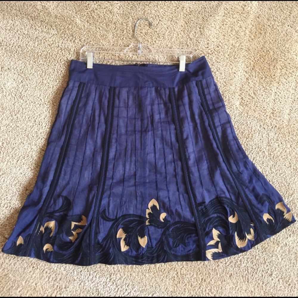 Skirt - Anthro Floreat Navy Blue embroidered