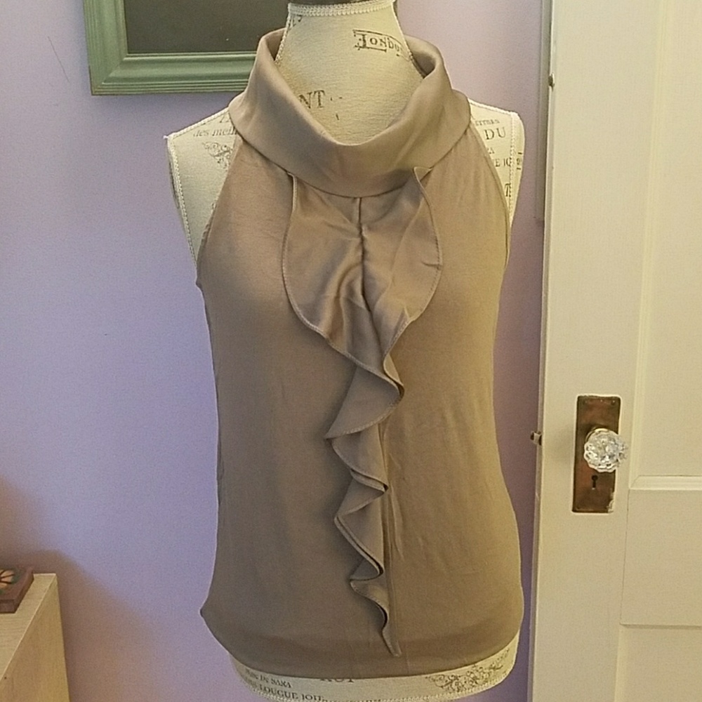 Ann Taylor Taupe Cowl Neck Tank w/ Ruffle Detail