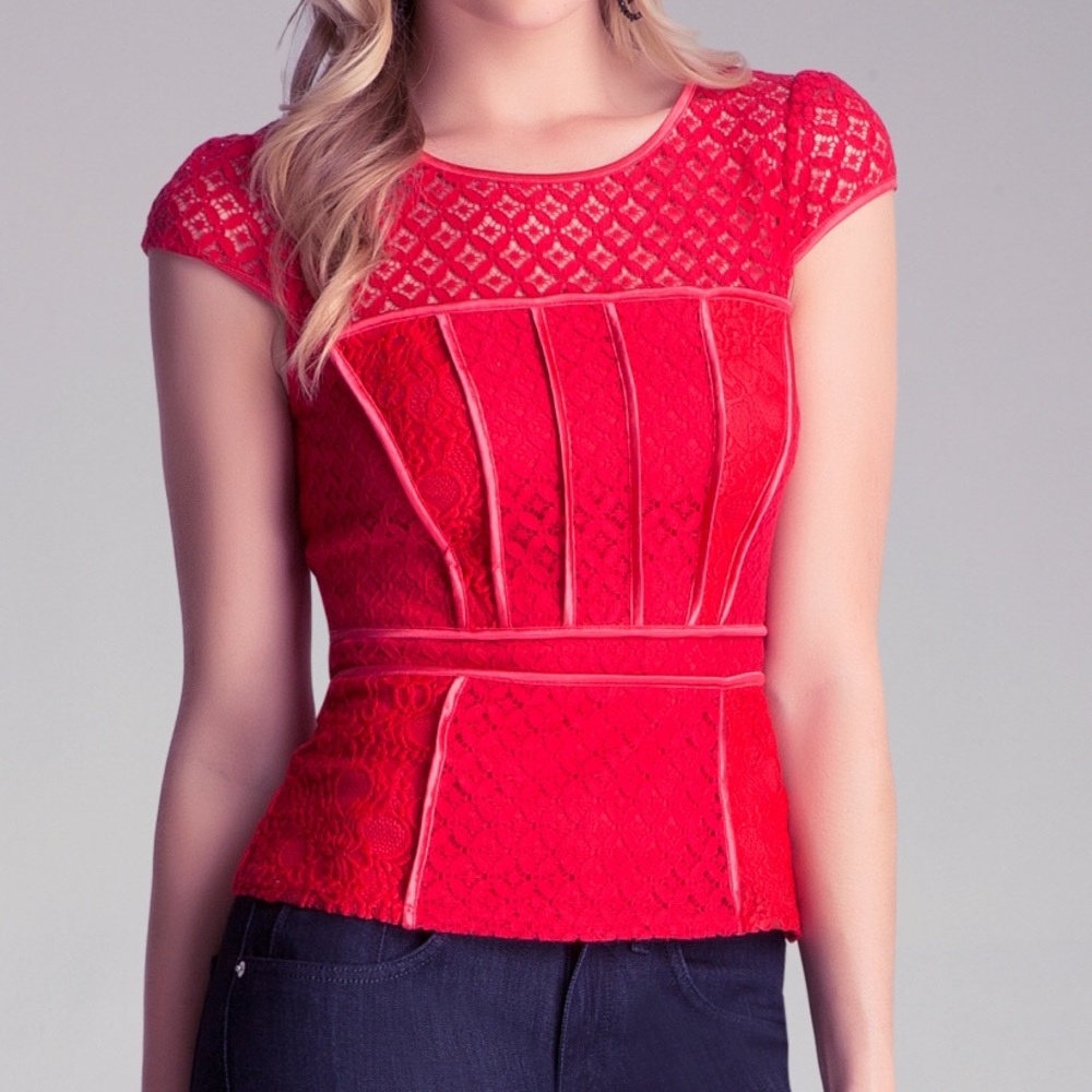 bebe mixed lace red lace peplum top