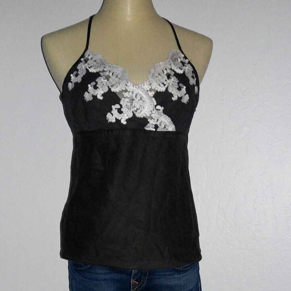 Chocolate linen Cami white lace