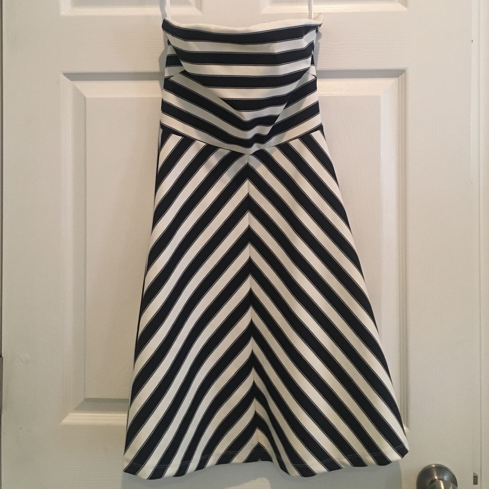 Strapless black + white striped dress: The Limited
