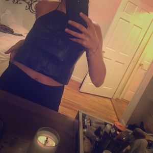 New! Loose fitting black leather crop top