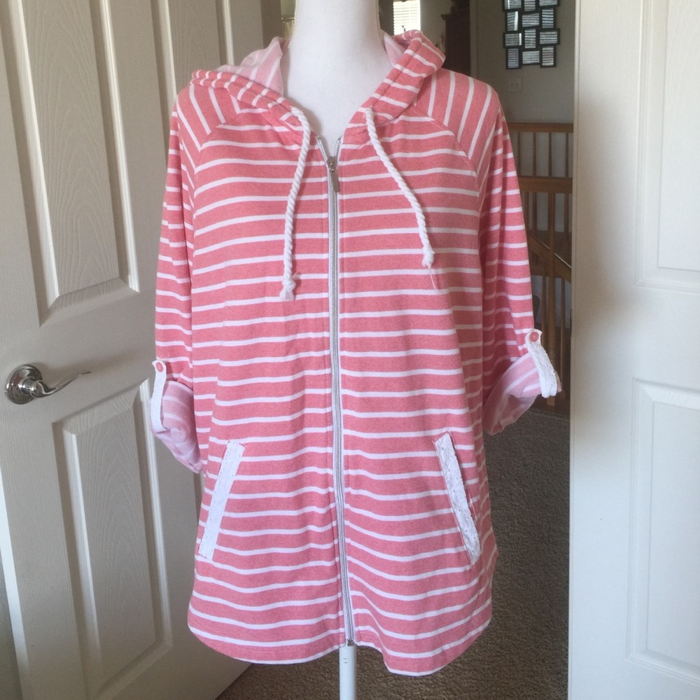 Salmon striped zip front hoodie