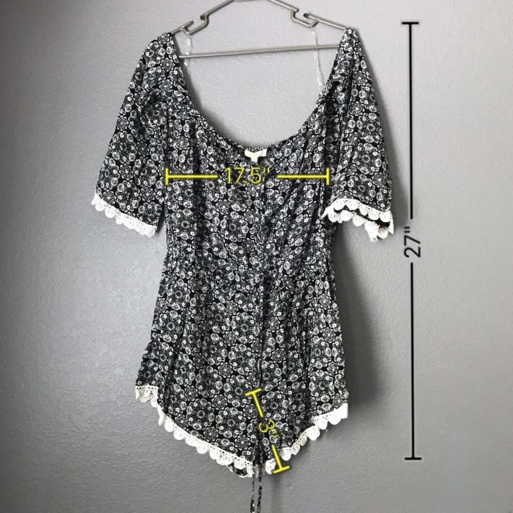 SOLD Kori Black & White Boho Romper w/Crochet Trim - Picture 2 of 4