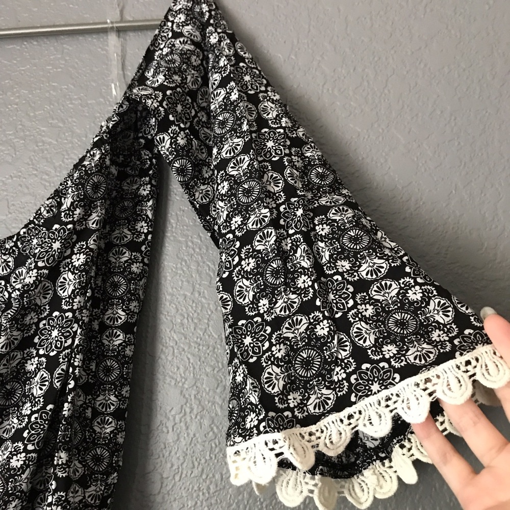 SOLD Kori Black & White Boho Romper w/Crochet Trim - Picture 3 of 4