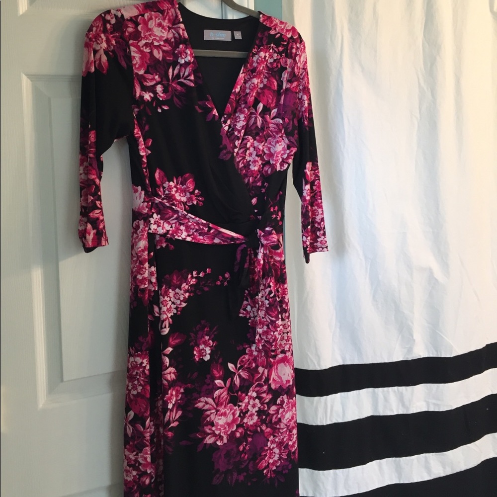 Pink and black floral wrap dress