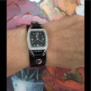 Watch Quartz black Leather Band with Sparkle NEW