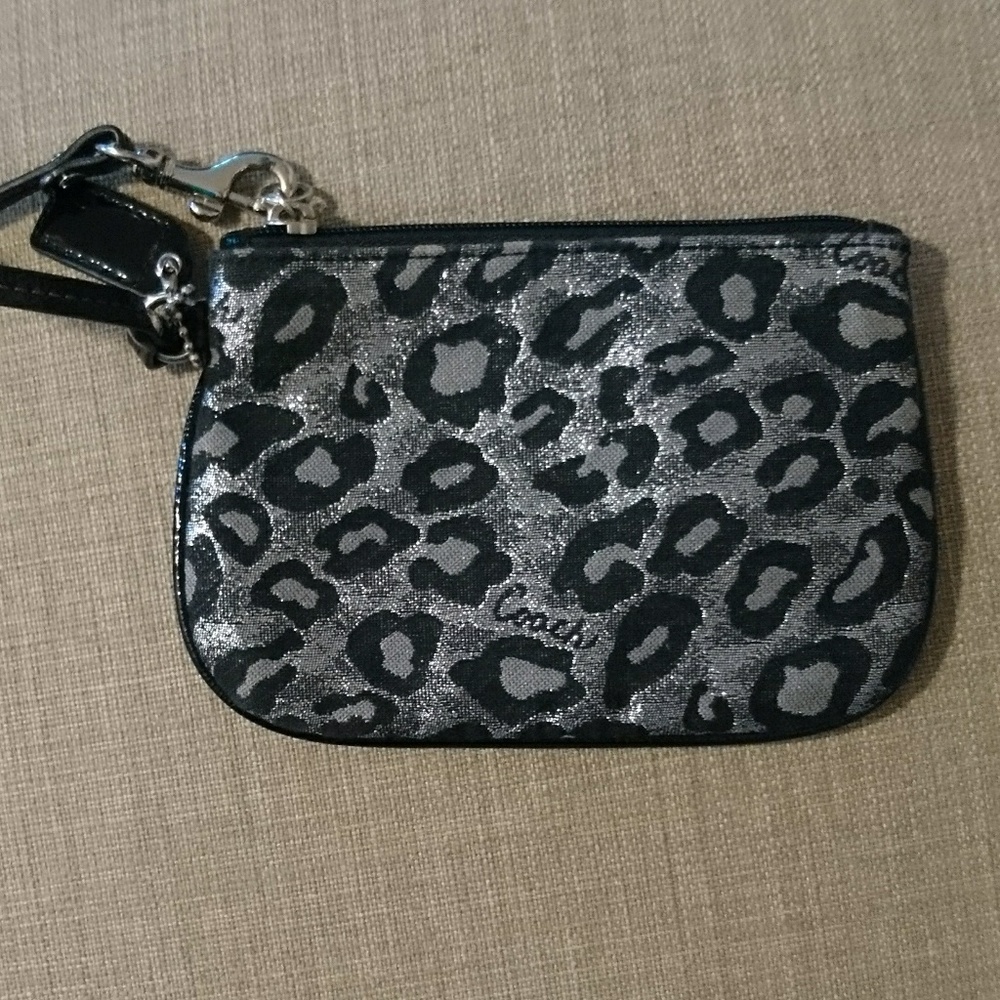 Coach silver black leopard wristlet