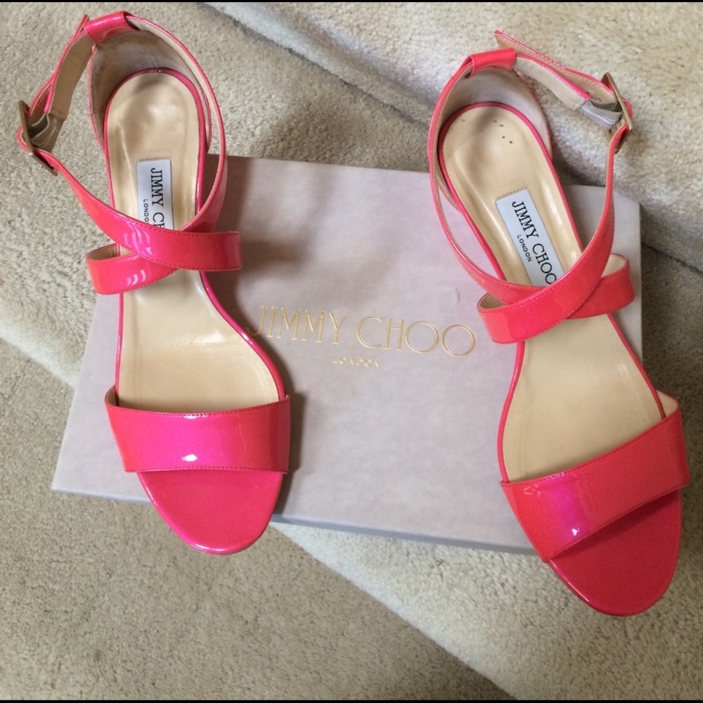 Jimmy Choo neon patent wedges.