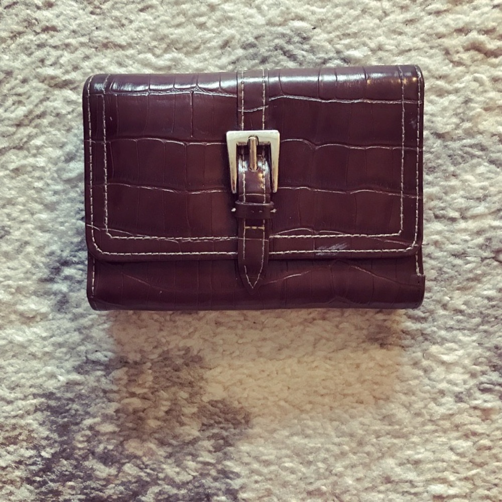 Brown patent leather alligator skin trifold wallet