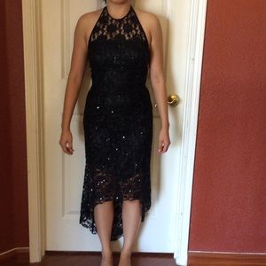 Cache black lace and beaded hi-low dress