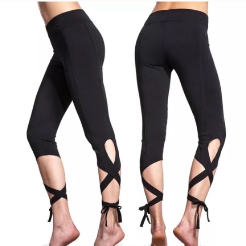 YOGA Turnout Tie LEGGINGS Black CAPRI Lace Up PANT - Picture 5 of 6