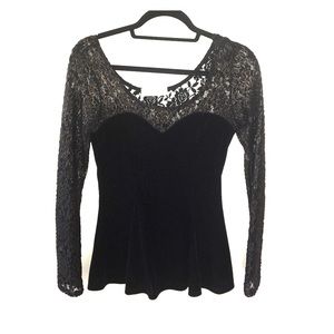 Long sleeved lace and velvet peplum top