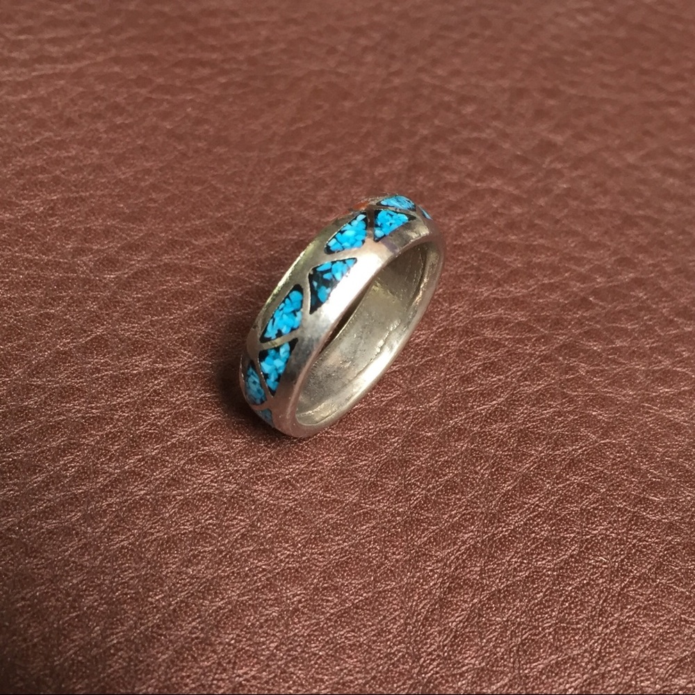 Men's Sterling and Turquoise Wedding Band