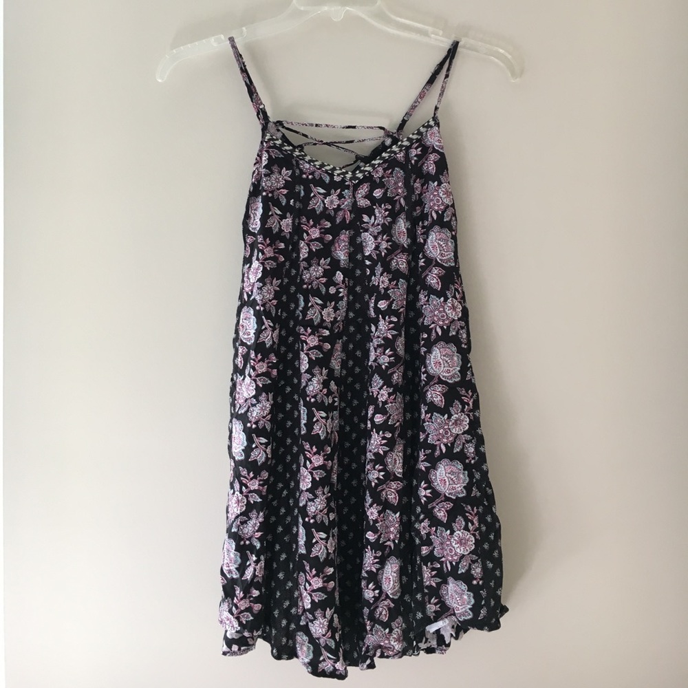 American Eagle lace up black floral shift dress