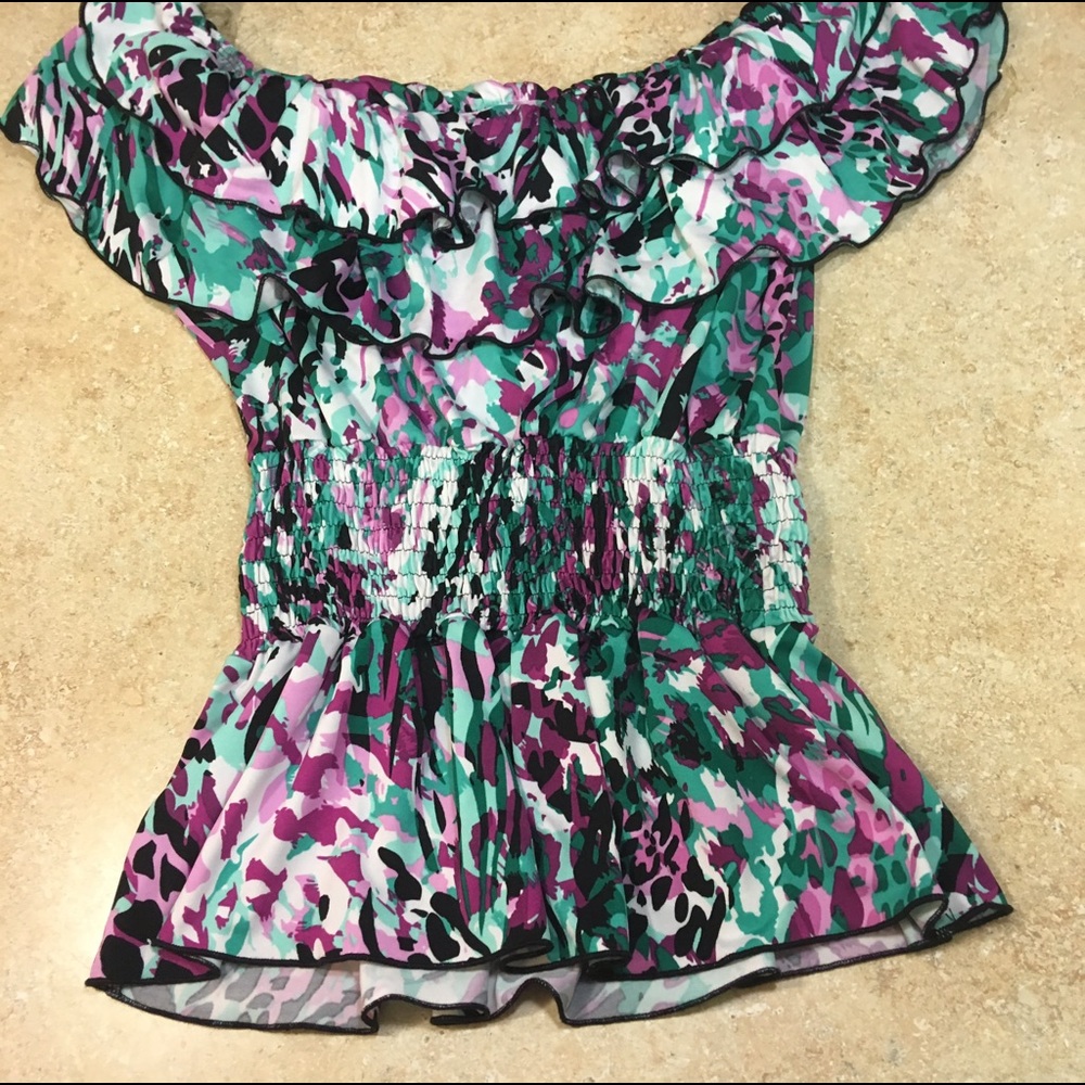 Green, pink, white, black animal leopard print top