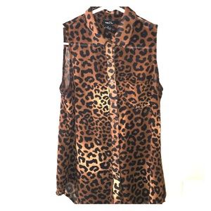 Collared button up tank top leopard print