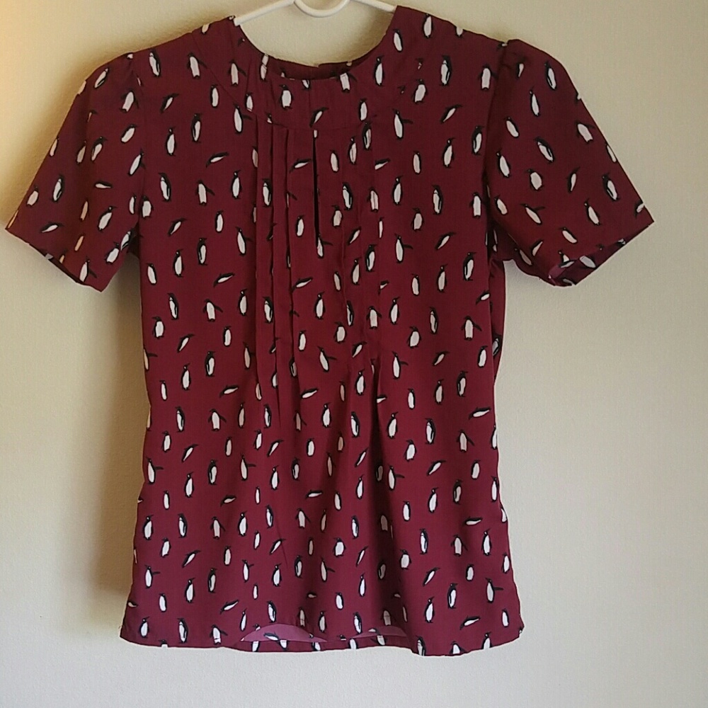 Modcloth Circus Brand Penguin Burgundy Blouse Top